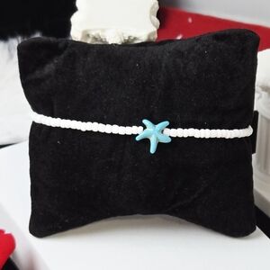 Blue Starfish Charm Beaded Anklet White Seed Bead Adjustable Silver Bracelet